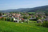 Blick auf die Gemeinde Neukirchen. Hinter dem Ortskern samt Kirchturm erstrecken sich die Ausläufer des Bayerischen Waldes unter einem strahlend blauen Himmel.