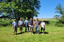 Sieben Männer stehen auf einer Wiese