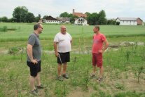 Drei Männer stehen im Uferbereich des renaturierten Gifthaler Baches. Im Hintergrund sind Wohnhäuser der Gemeinde Wurmsham zu sehen.