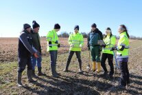 Fünf Herren und zwei Frauen begutachten eine Bodenprobe auf einer landwirtschaftlichen Fläche am Ortsrand von Geiselsdorf.