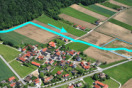 Mitterndorf aus der Vogelperspektive mit eingezeichnetem Verlauf des Umgehungsgerinnes zur Hochwasserfreilegung des Dorfes.